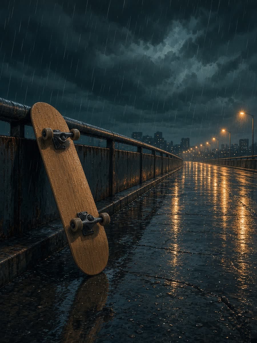 Original poster of an empty rainy overpass with a plain skateboard