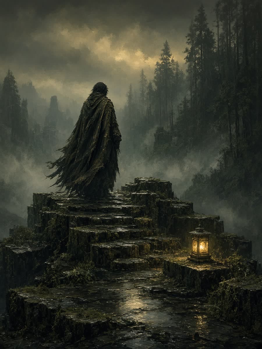 Original poster of a cloaked figure on a foggy ridge of cubic stone stairs